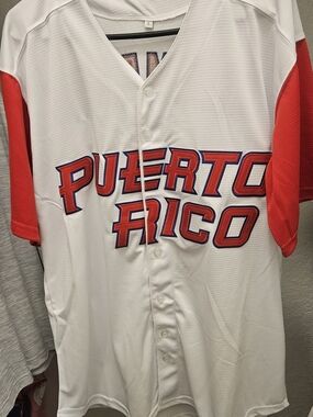 Puerto Rico Men's White and Red Baseball Jersey